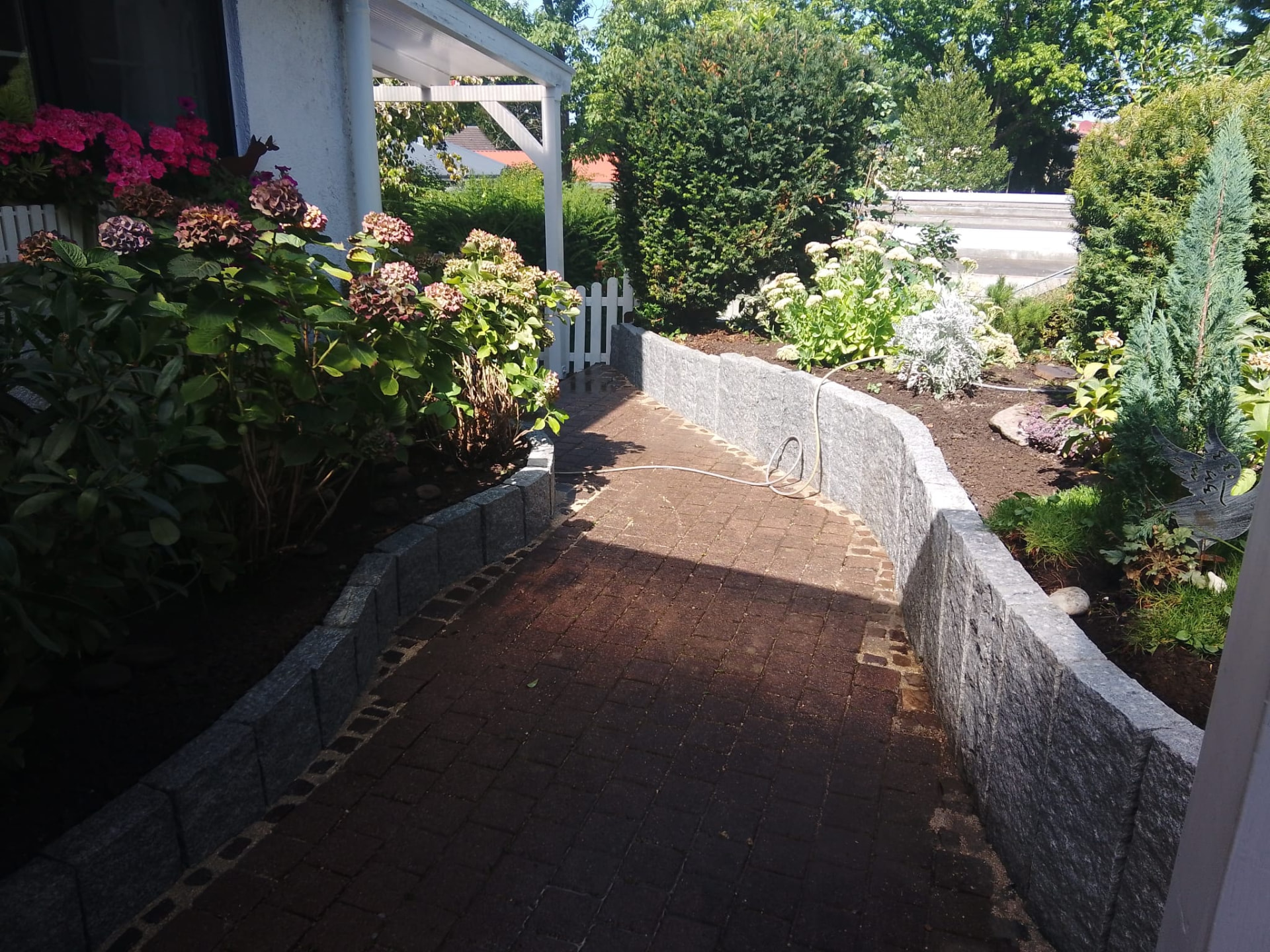 Gartenweg mit Pflastersteinen, Granitbegrenzung, Pergola und blühenden Hortensien